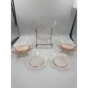 MacBeth-Evans Sweetheart Pink Depression Glass Plate Set 7pc Vintage 1930